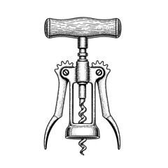 Vintage corkscrew tool for opening wine bottles in detailed illustration  