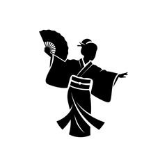 Silhouette of a woman in kimono dancing with a fan  