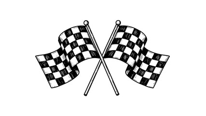 Crossed checkered racing flags in black and white design  