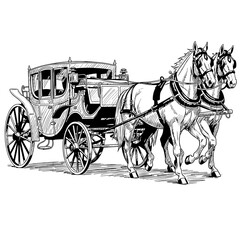 Vintage horse-drawn carriage with two horses in classic style  