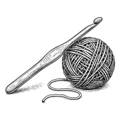 Crochet hook and ball of yarn on white background  