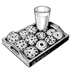 Tray of assorted sweet pastries with a glass of milk  