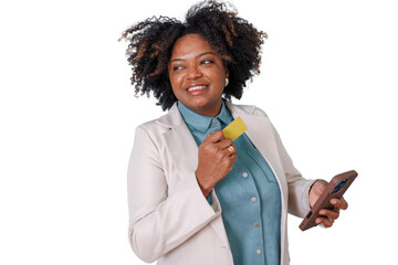 Happy adult woman using credit card and phone for secure online shopping, financial transactions, and banking