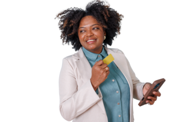 Happy adult woman using credit card and phone for secure online shopping, financial transactions, and banking