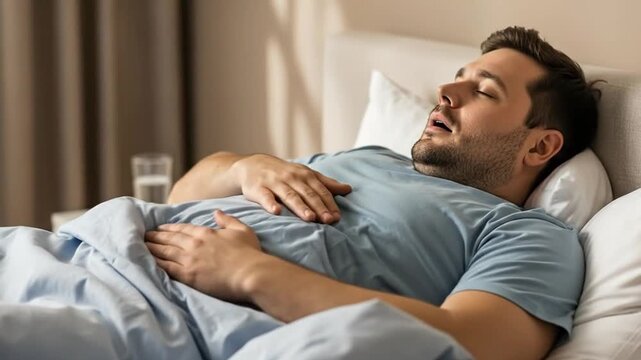Overweight man on bed touching relieved stomach after digestive recovery.