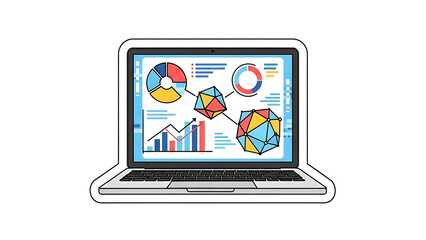 Laptop sticker illustration with colorful data visualization charts and graphs for business analytics