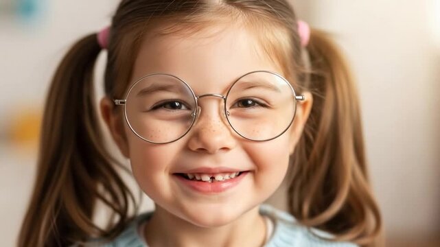Portrait of a charming preschool girl in eyeglasses with a toothless smile.
