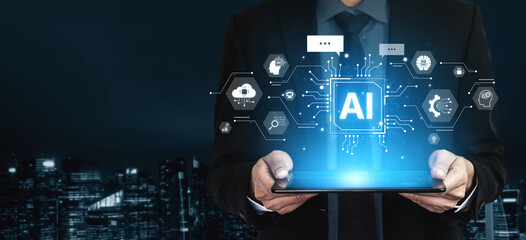 Concept of a cognitive and conversational AI. The central processor powers a chatbot, performs cloud data searches, and facilitates intelligent communication and support. Fermion