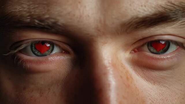 Close-up of a young man&rsquo;s face, his captivating eyes glowing with red hearts, expressing deep emotion and intensity.