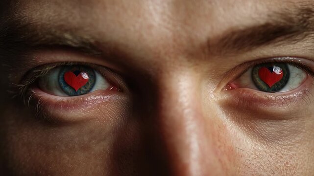 Close-up of a young man&rsquo;s face, his captivating eyes glowing with red hearts, expressing deep emotion and intensity.