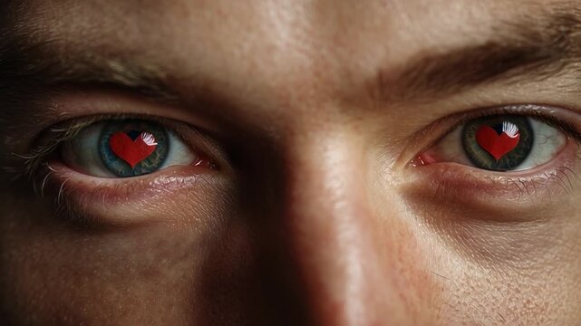 Close-up of a young man&rsquo;s face, his captivating eyes glowing with red hearts, expressing deep emotion and intensity.