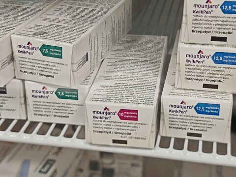 Prague,Czech Republic-14.01.2026: Mounjaro injection pen by Eli Lilly containing tirzepatide, used for treatment of type 2 diabetes mellitus to improve glycemic control through dual GIP and GLP 1 rece
