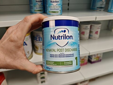 Prague,Czech Republic-14.01.2026: Nutrilon Nenatal Post Discharge infant formula produced by Nutricia, a Danone company, designed for premature and low birth weight infants after hospital discharge 