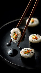The chopsticks are lifting the sushi, empty space