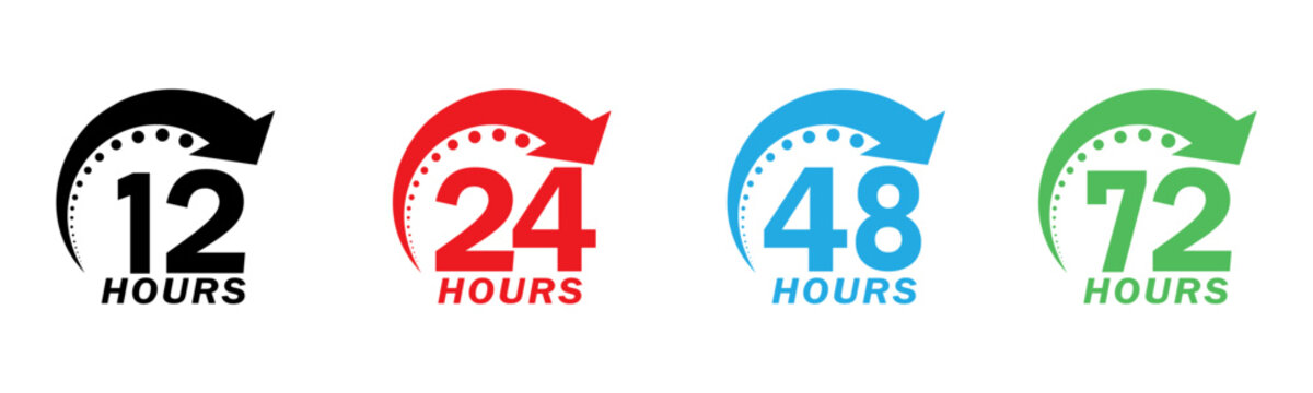Different time intervals set. Countdown Timer shown with numerical indicators and arrows for 12, 24, 48, and 72 hours in various colors. 