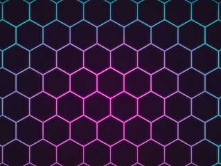 A vibrant, dark hexagonal grid pattern featuring a gradient of blue, purple, and pink neon lines on a black background, creating a mesmerizing visual effect