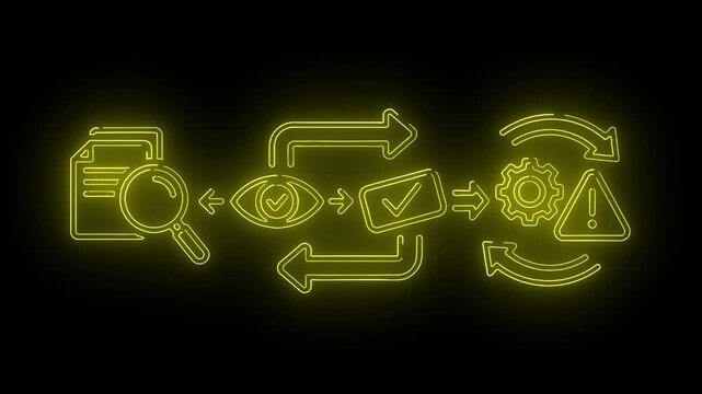 Neon-lit flowchart icons on a black background with a glowing green process diagram