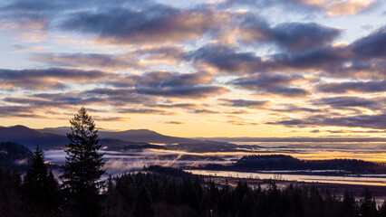 Obraz premium Polygon Ridgewood residential area and the cloud of sea from Burke Mountain, Coquitlam, BC Canada