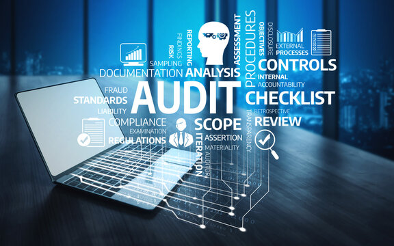 This image showcases a laptop on a modern office desk with graphics representing audit, compliance, and business processes, symbolizing efficiency and regulatory standards. Tessel