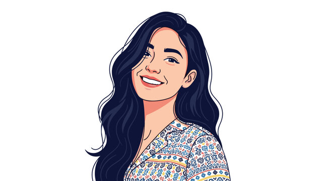 Vibrant illustration of a cheerful young woman with beautiful dark wavy hair and a radiant smile, wearing a stylish patterned white and blue shirt, exuding positivity and charm.