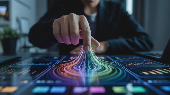 Closeup of a hand interacting with a vibrant, colorful data visualization on a futuristic touchscreen interface - Powered by Adobe