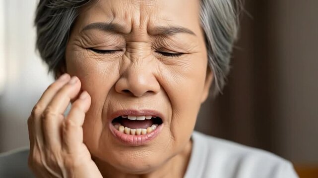 Elderly Asian Woman Suffering Severe Dental Pain and Toothache