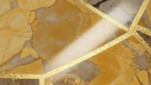 Close-up of a cracked and weathered marble surface with gold inlay details.