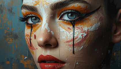 A woman with painted face and tears on her cheeks looking sad