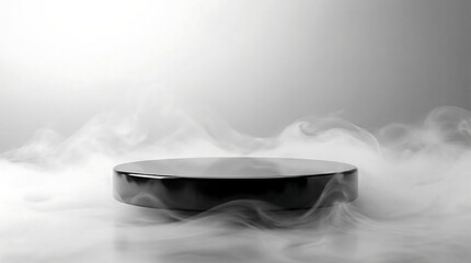 Black puck on ice with smoke background studio shot