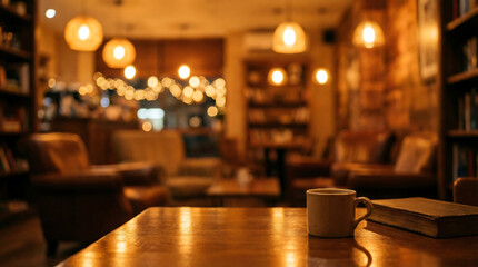 Cozy cafe interior with warm lighting and book
