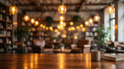 Empty wooden table in a cozy cafe with blurred background and coffee