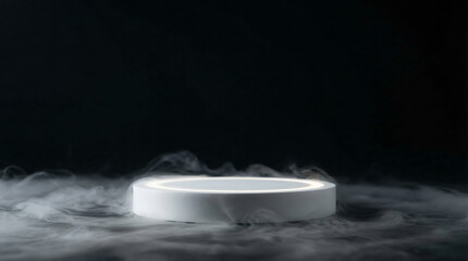 Glowing circular white podium surrounded by mystical smoke on black