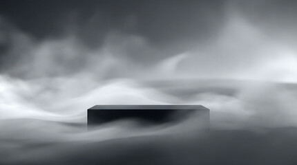 Minimalist black rectangle podium in ethereal white smoke background