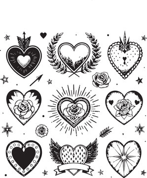 Collection of heart tattoos with floral and leaf designs