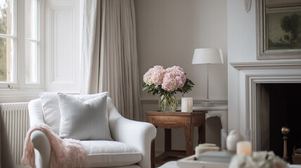Naklejka premium Cozy living room showcasing an elegant armchair, blooming pink hydrangeas, a floor lamp, and a classic fireplace mantel