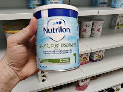 Prague,Czech Republic-14.01.2026: Nutrilon Nenatal Post Discharge infant formula by Nutricia Danone for premature infants after hospital discharge to support growth and specialized nutrition