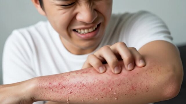 Young Asian adult scratching severe viral rash and dermatitis on skin.