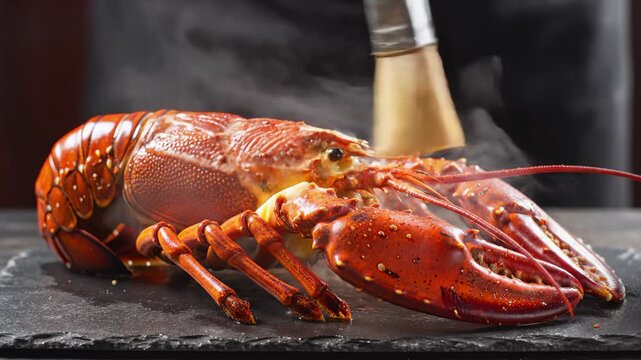 Chef Basting Whole Lobster With Butter on Slate Surface