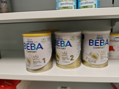 Prague,Czech Republic-14.01.2026: BEBA Comfort 1 infant formula for newborns from birth, designed to support digestion and reduce feeding discomfort, provided as powdered milk formula for infant nutri