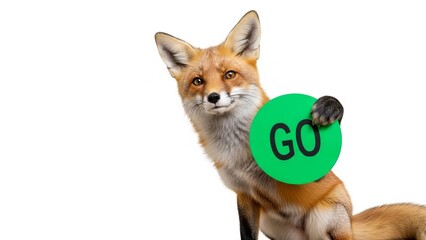 Obraz premium fox holding a green go sign, road sign, on a white background, animal graphic