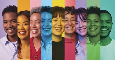Colorful collage of smiling multiethnic people in vertical panels. Concept of diversity and inclusion for corporate websites, HR presentations, employer branding and marketing banners