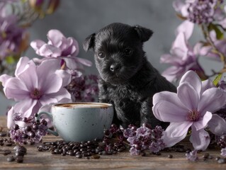 Cute black puppy sitting among purple flowers and coffee cup  