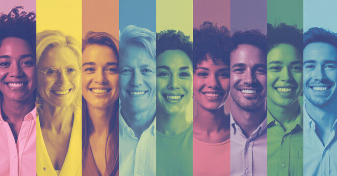 Colorful collage of smiling multiethnic people in vertical panels. Concept of diversity and inclusion for corporate websites, HR presentations, employer branding and marketing banners