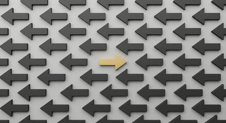 Single Gold Arrow Pointing Opposite to Many Grey Arrows - Leadership and Individuality