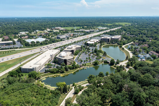 Aerial view of suburban office park with ponds