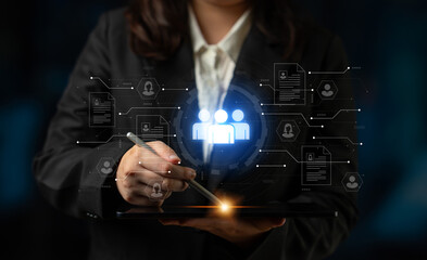 Concept of a digital human resources platform for workforce management. An applicant tracking system helps in team building by organizing employee and candidate profiles. Fermion