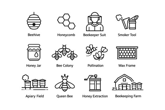 Beekeeping icons: beehive, honeycomb, beekeeper suit, smoker tool, bee colony