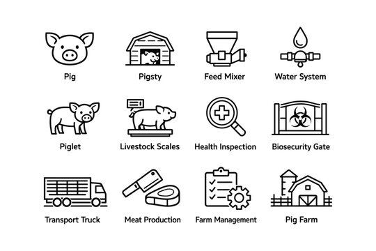 Pig farm equipment and management icons: pig, pigsty, feed mixer, water system, biosecurity