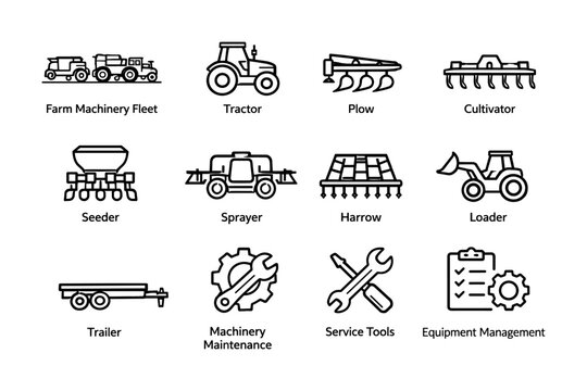 Farm equipment icons: tractor, plow, seeder, sprayer, loader, maintenance tools