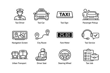 Taxi service icons: driver, car, sign, navigation, fare, and transport tools